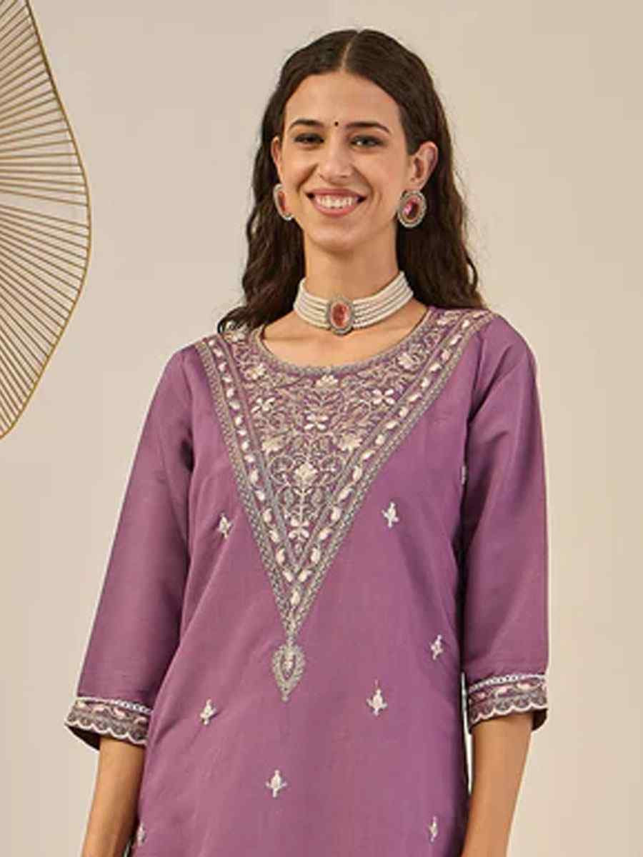 Lavender Viscose Rayon Plain with Embroidery Party Wedding Festival Casual Ready Pant Salwar Kameez