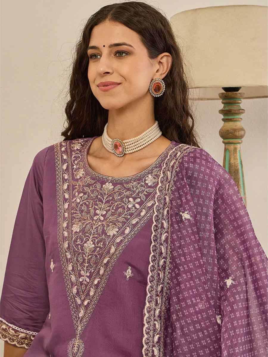Lavender Viscose Rayon Plain with Embroidery Party Wedding Festival Casual Ready Pant Salwar Kameez