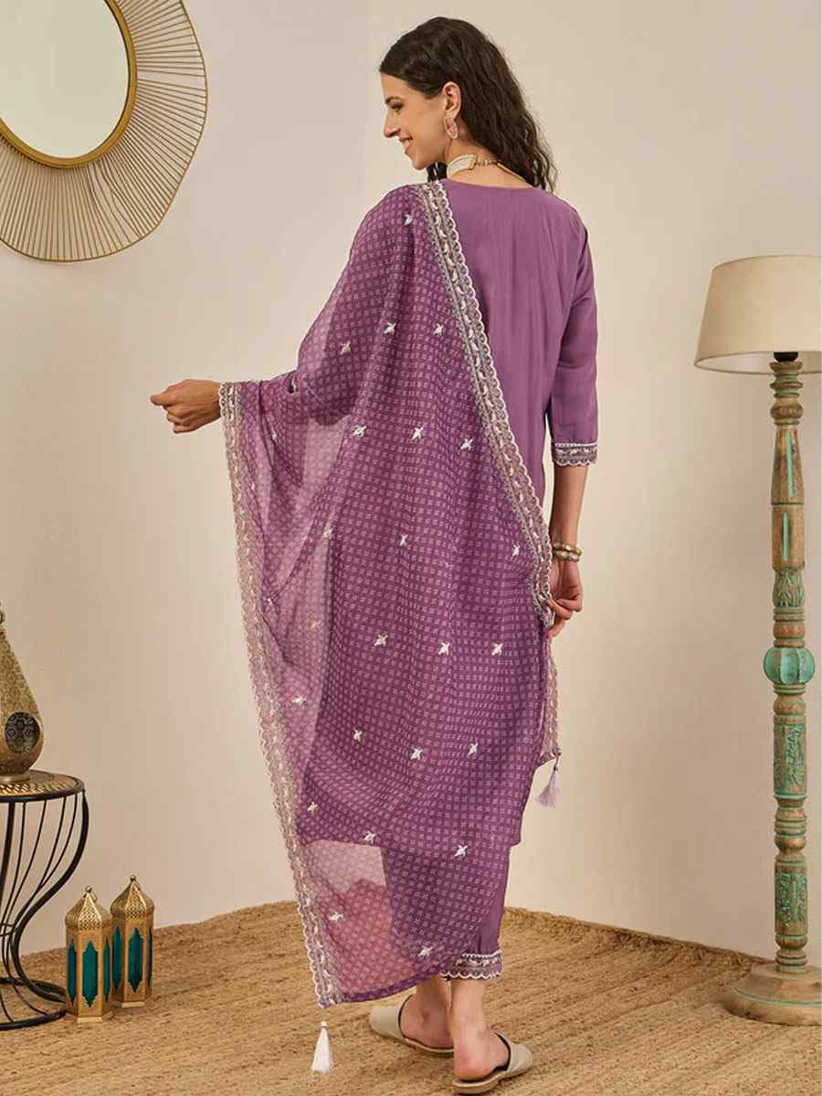 Lavender Viscose Rayon Plain with Embroidery Party Wedding Festival Casual Ready Pant Salwar Kameez