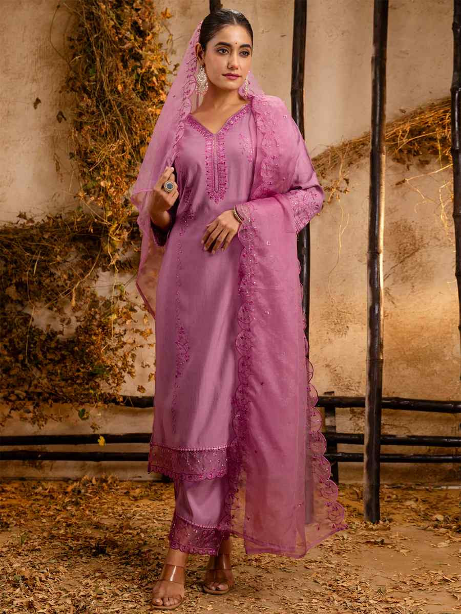 Lavender Viscose Roman Silk Embroidered Festival Casual Ready Pant Salwar Kameez
