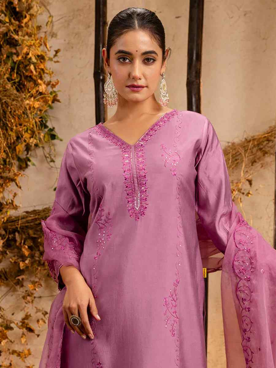 Lavender Viscose Roman Silk Embroidered Festival Casual Ready Pant Salwar Kameez
