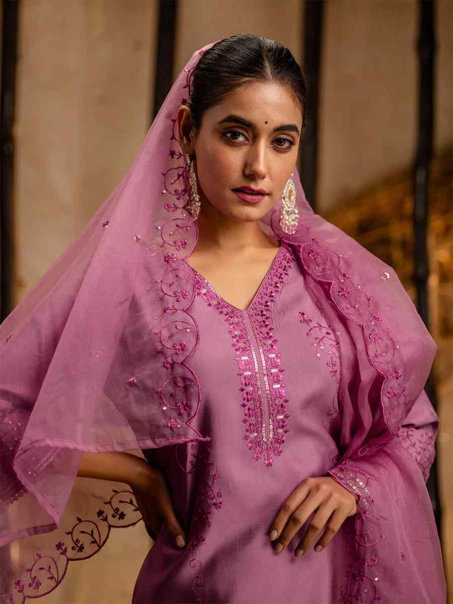 Lavender Viscose Roman Silk Embroidered Festival Casual Ready Pant Salwar Kameez