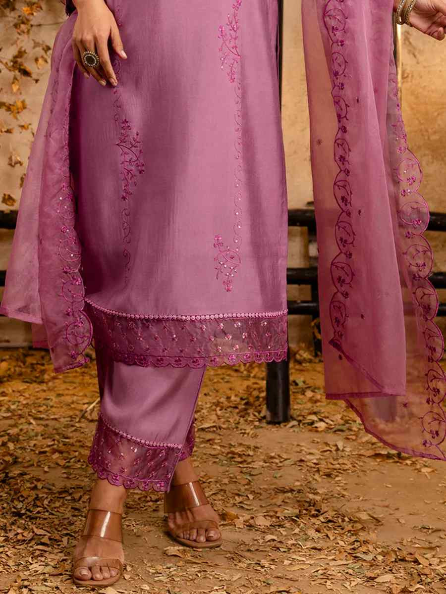 Lavender Viscose Roman Silk Embroidered Festival Casual Ready Pant Salwar Kameez