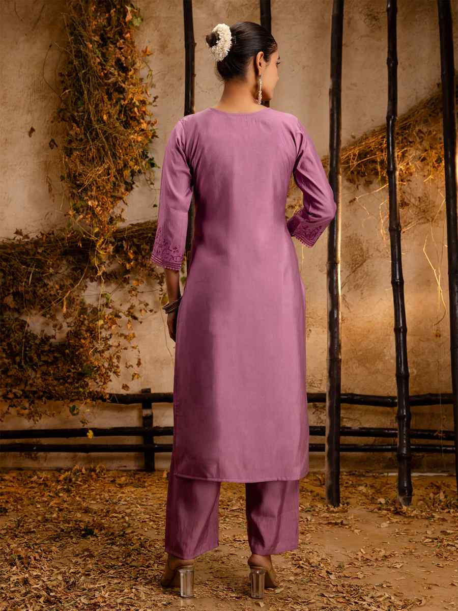 Lavender Viscose Roman Silk Embroidered Festival Casual Ready Pant Salwar Kameez