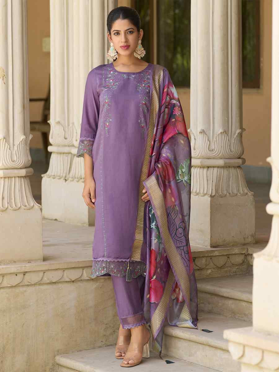 Lavender Viscose Roman Silk Embroidery Party Wedding Festival Casual Ready Pant Salwar Kameez