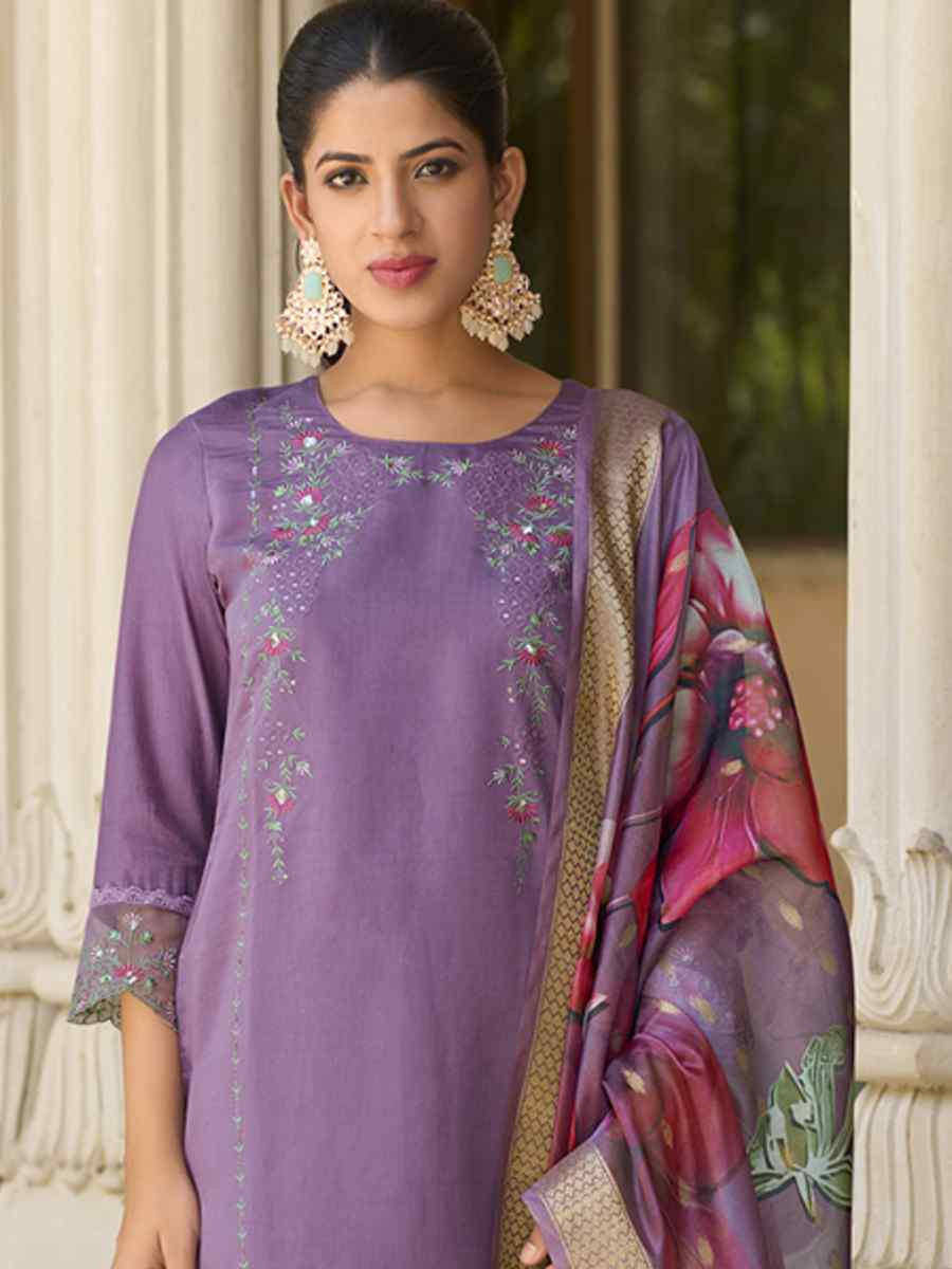 Lavender Viscose Roman Silk Embroidery Party Wedding Festival Casual Ready Pant Salwar Kameez