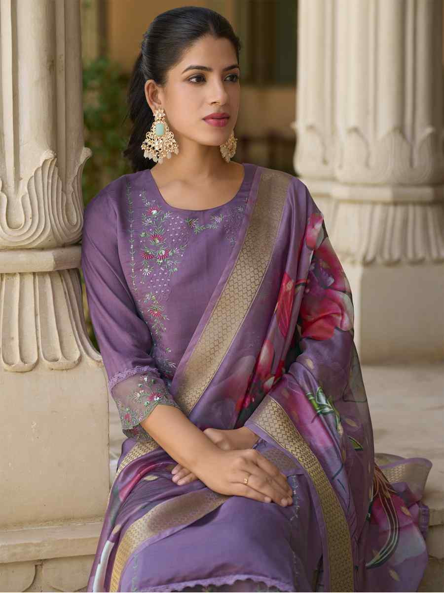 Lavender Viscose Roman Silk Embroidery Party Wedding Festival Casual Ready Pant Salwar Kameez