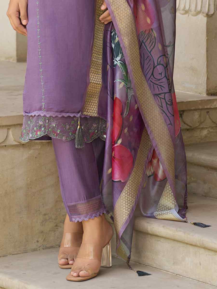 Lavender Viscose Roman Silk Embroidery Party Wedding Festival Casual Ready Pant Salwar Kameez