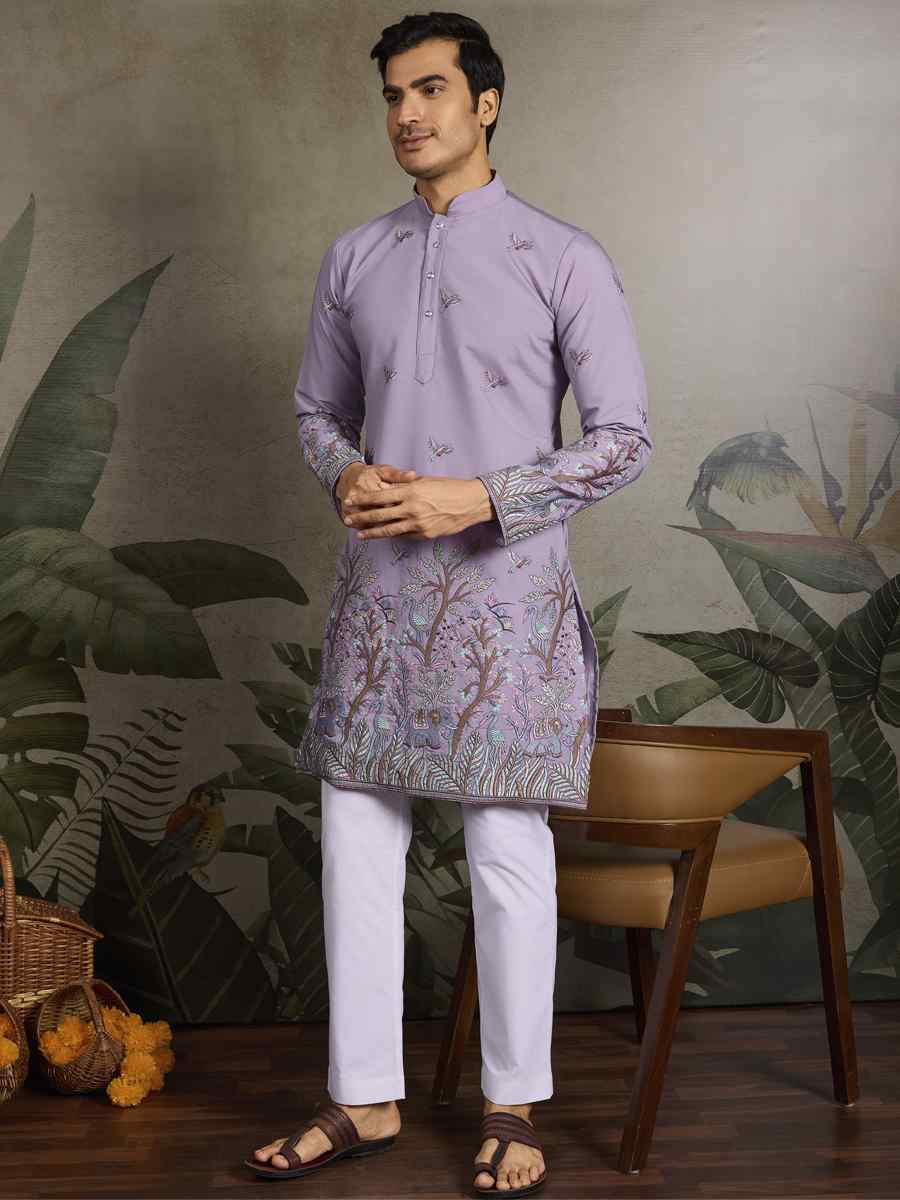 Lavender Viscose Silk Embroidery And Printed Festival Wedding Party Mens Kurta