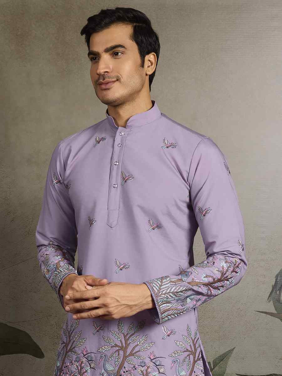 Lavender Viscose Silk Embroidery And Printed Festival Wedding Party Mens Kurta