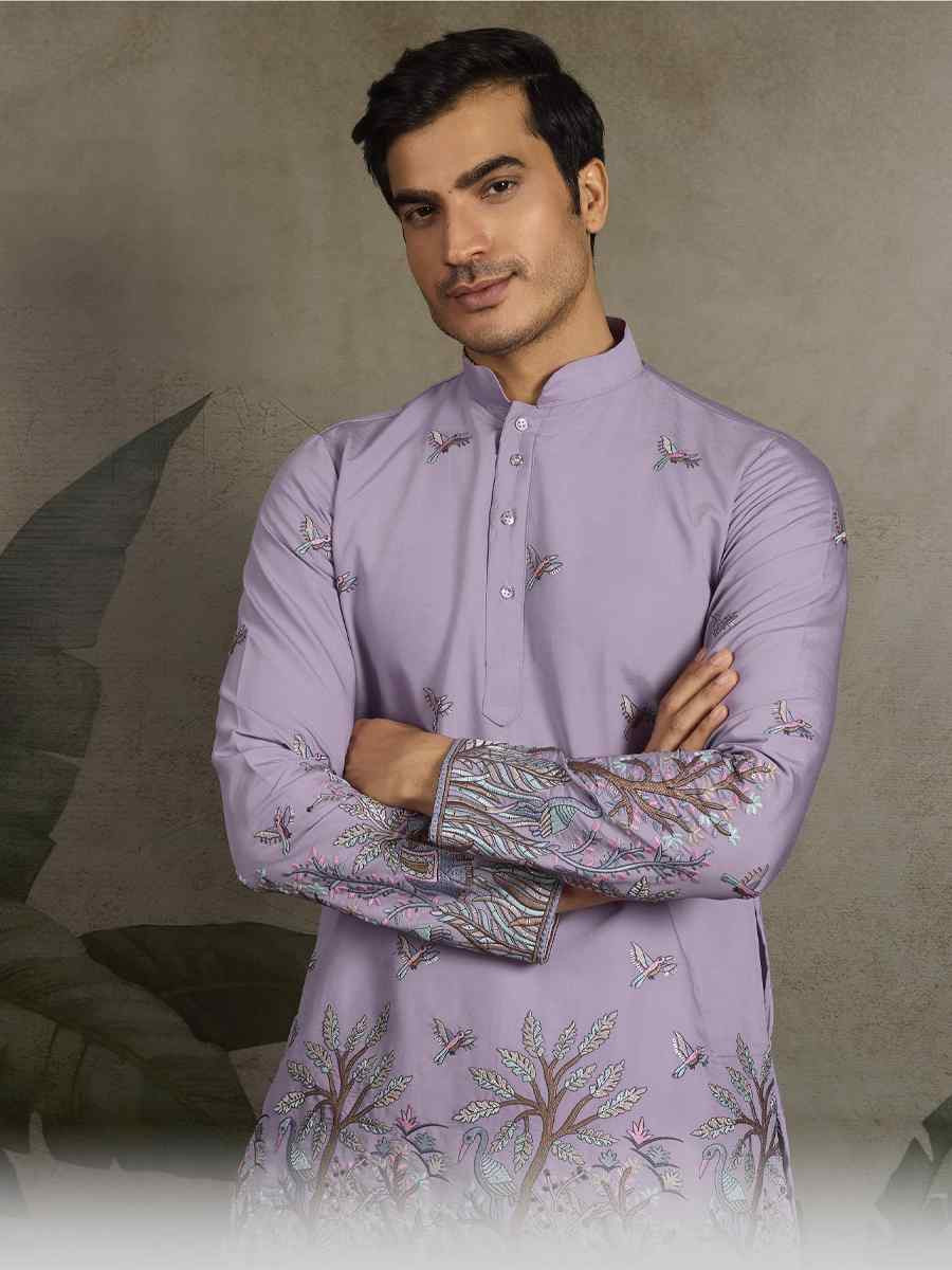 Lavender Viscose Silk Embroidery And Printed Festival Wedding Party Mens Kurta