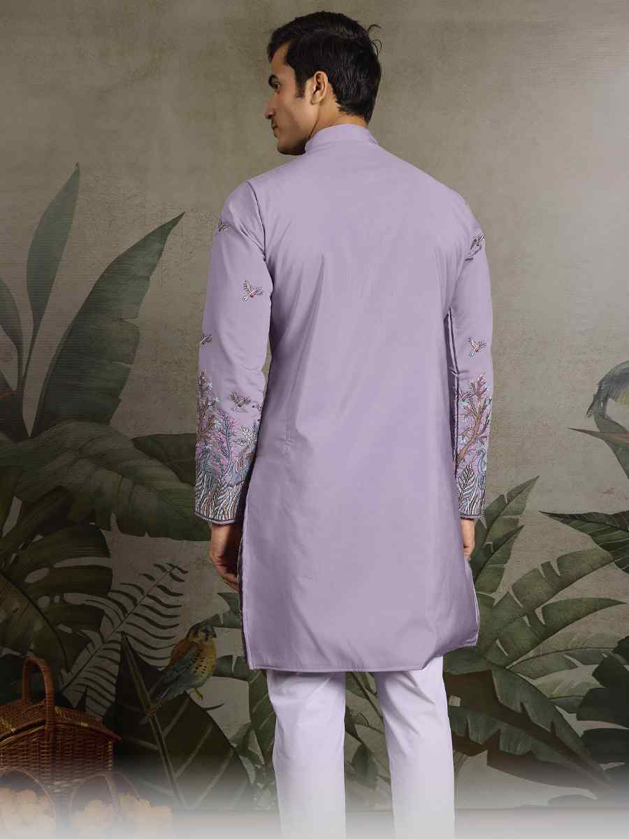 Lavender Viscose Silk Embroidery And Printed Festival Wedding Party Mens Kurta