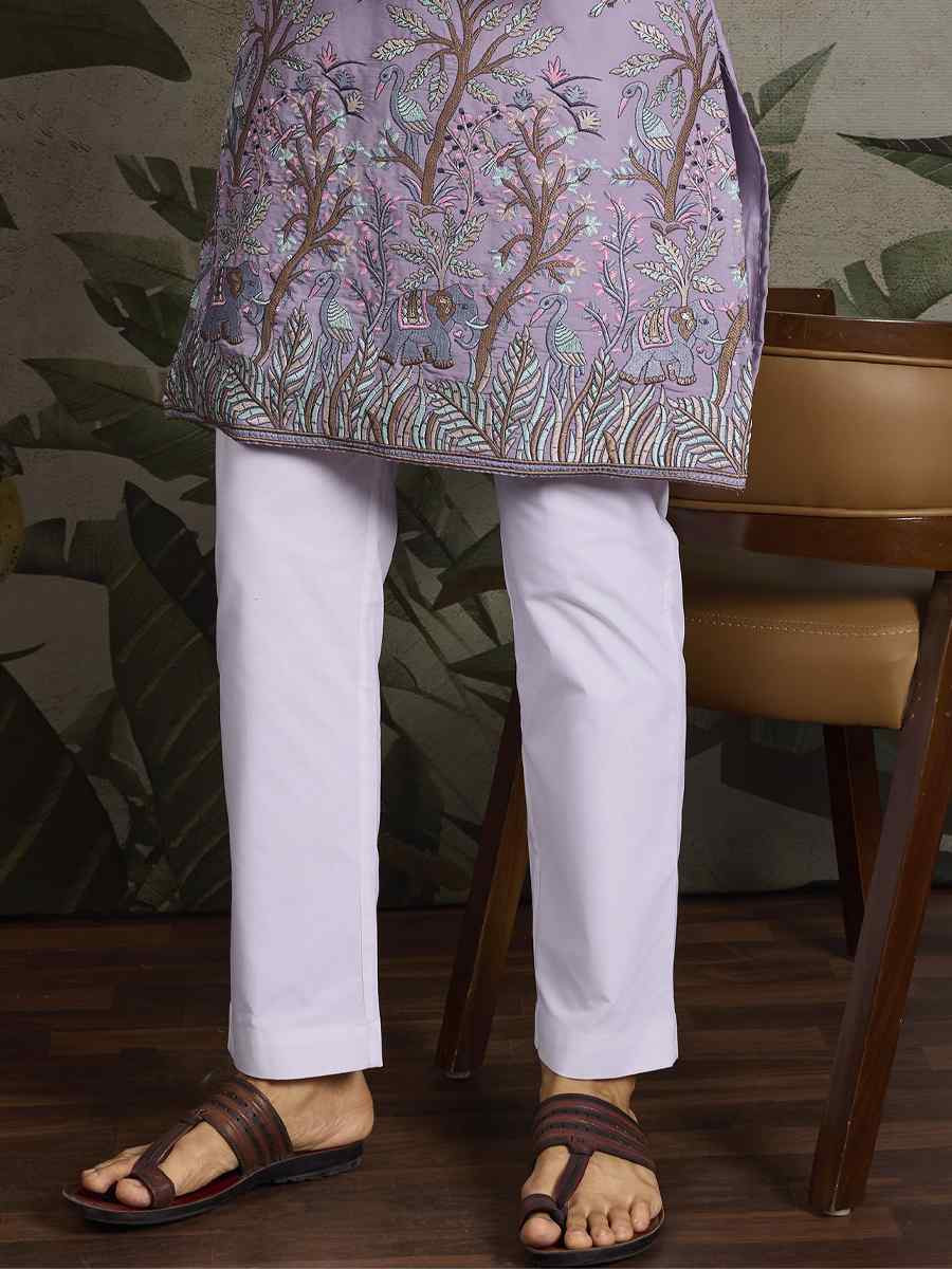 Lavender Viscose Silk Embroidery And Printed Festival Wedding Party Mens Kurta