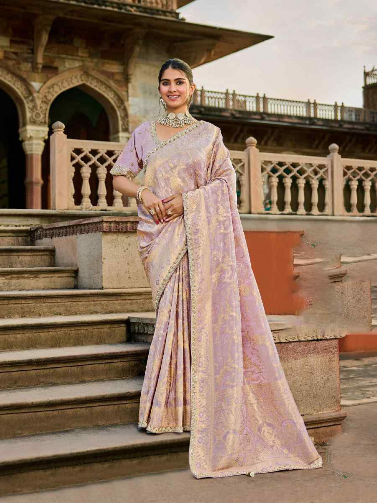 Image of Lavender Viscose Tissue Embroidery Traditional Casual Reception Festival Wedding Fancy Heavy Border Saree