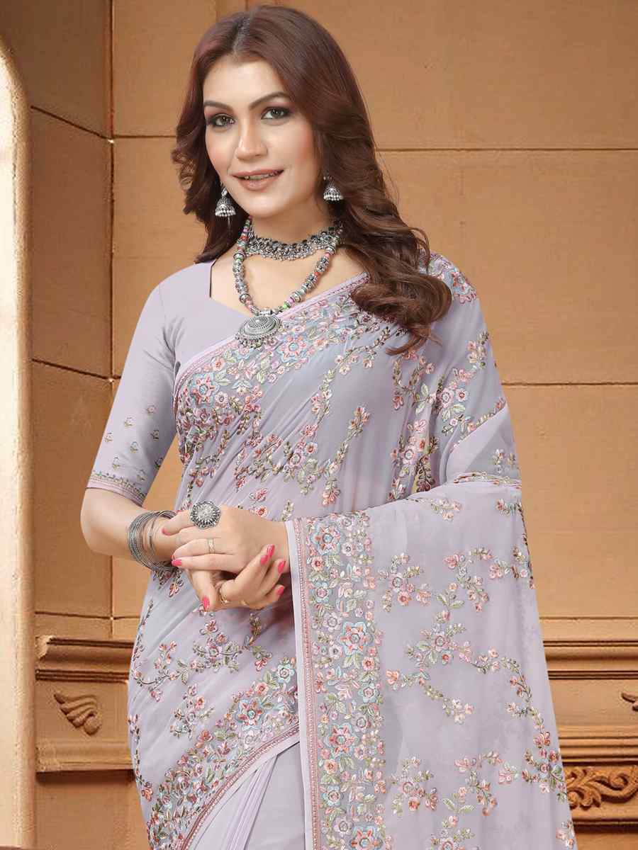 Lavnder Georgette Embroidered Wedding Festival Heavy Border Saree
