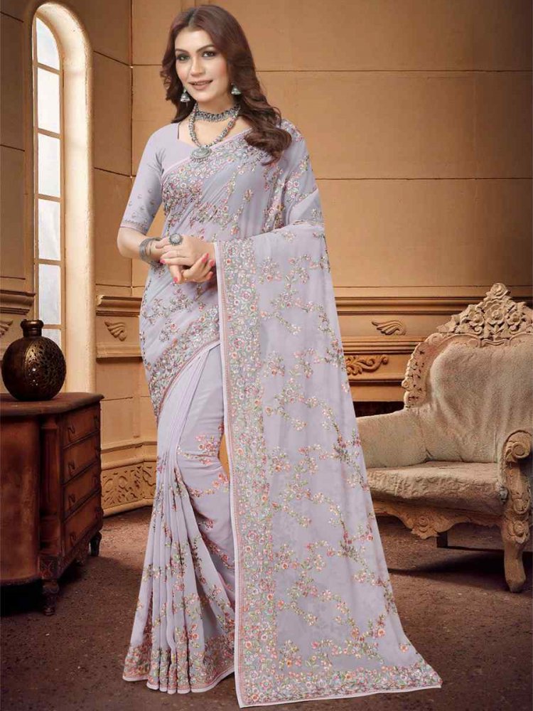 Lavnder Georgette Embroidered Wedding Festival Heavy Border Saree