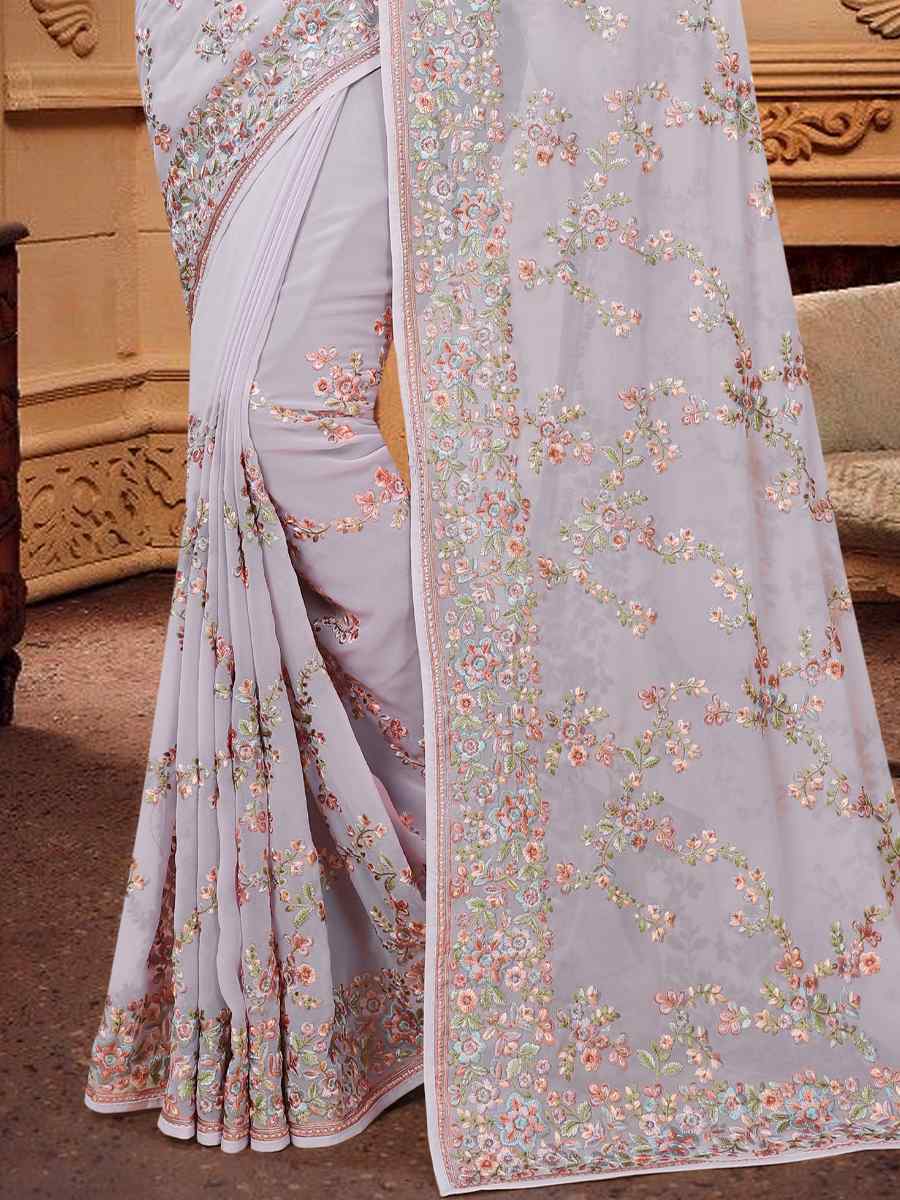 Lavnder Georgette Embroidered Wedding Festival Heavy Border Saree