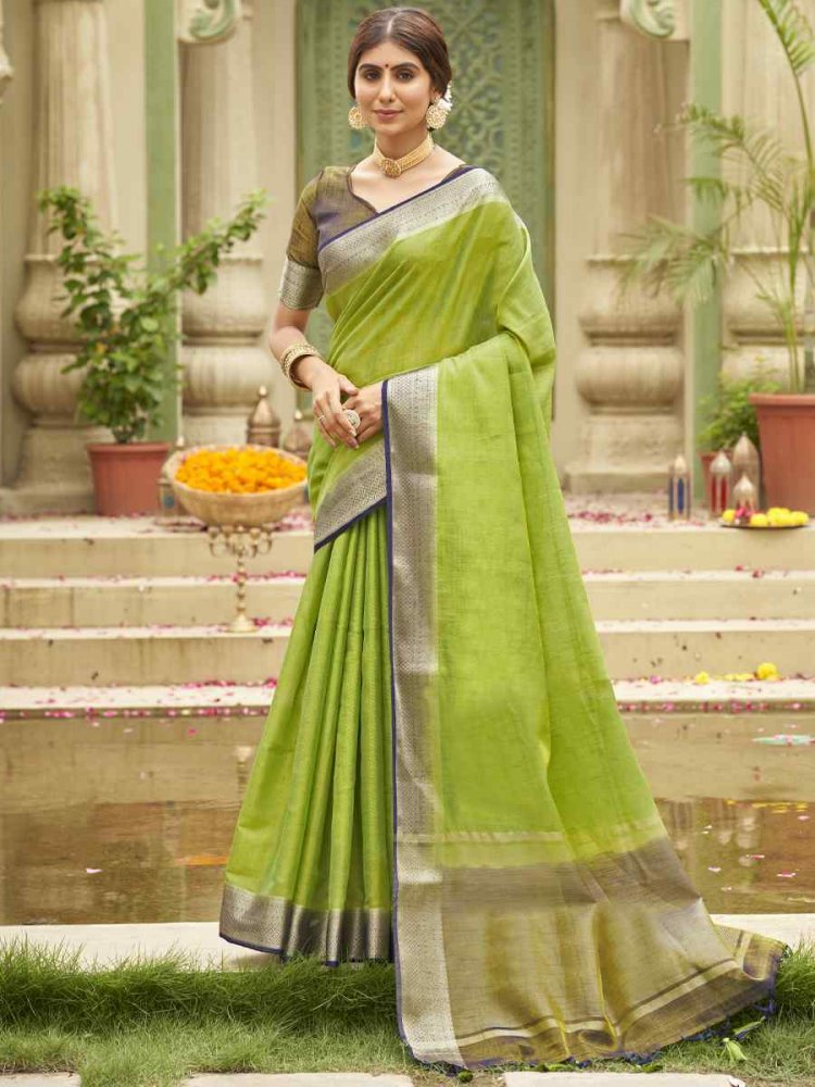 Leaf Green Tussar Silk Handwoven Wedding Festival Heavy Border Saree