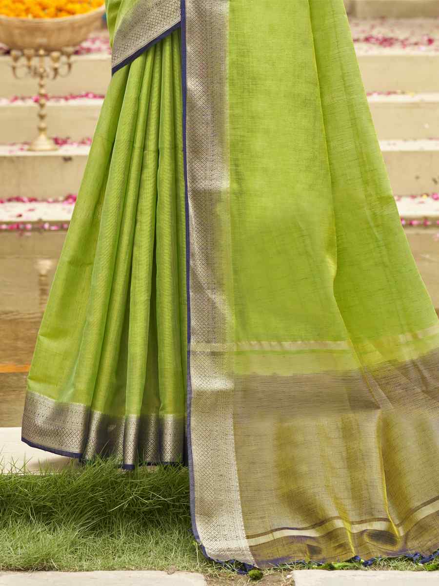 Leaf Green Tussar Silk Handwoven Wedding Festival Heavy Border Saree
