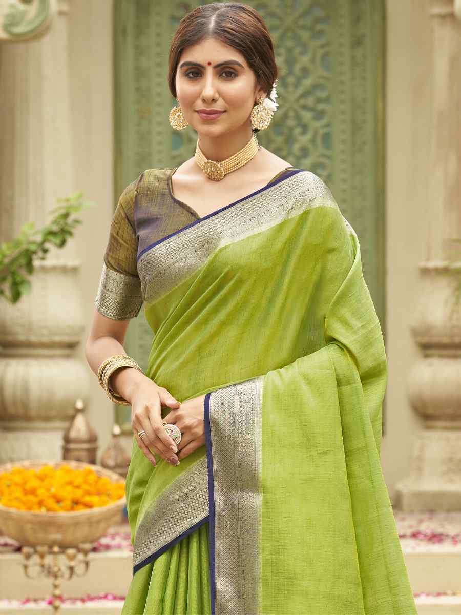 Leaf Green Tussar Silk Handwoven Wedding Festival Heavy Border Saree