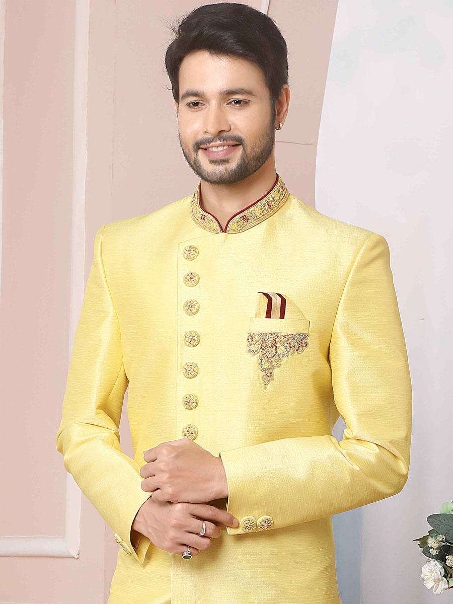 Lemon Art Banarasi Silk Embroidered Groom Wedding Sherwani