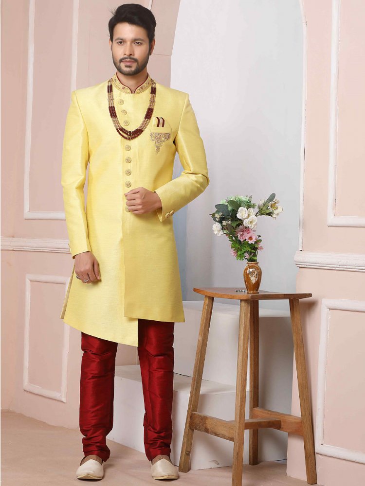 Lemon Art Banarasi Silk Embroidered Groom Wedding Sherwani