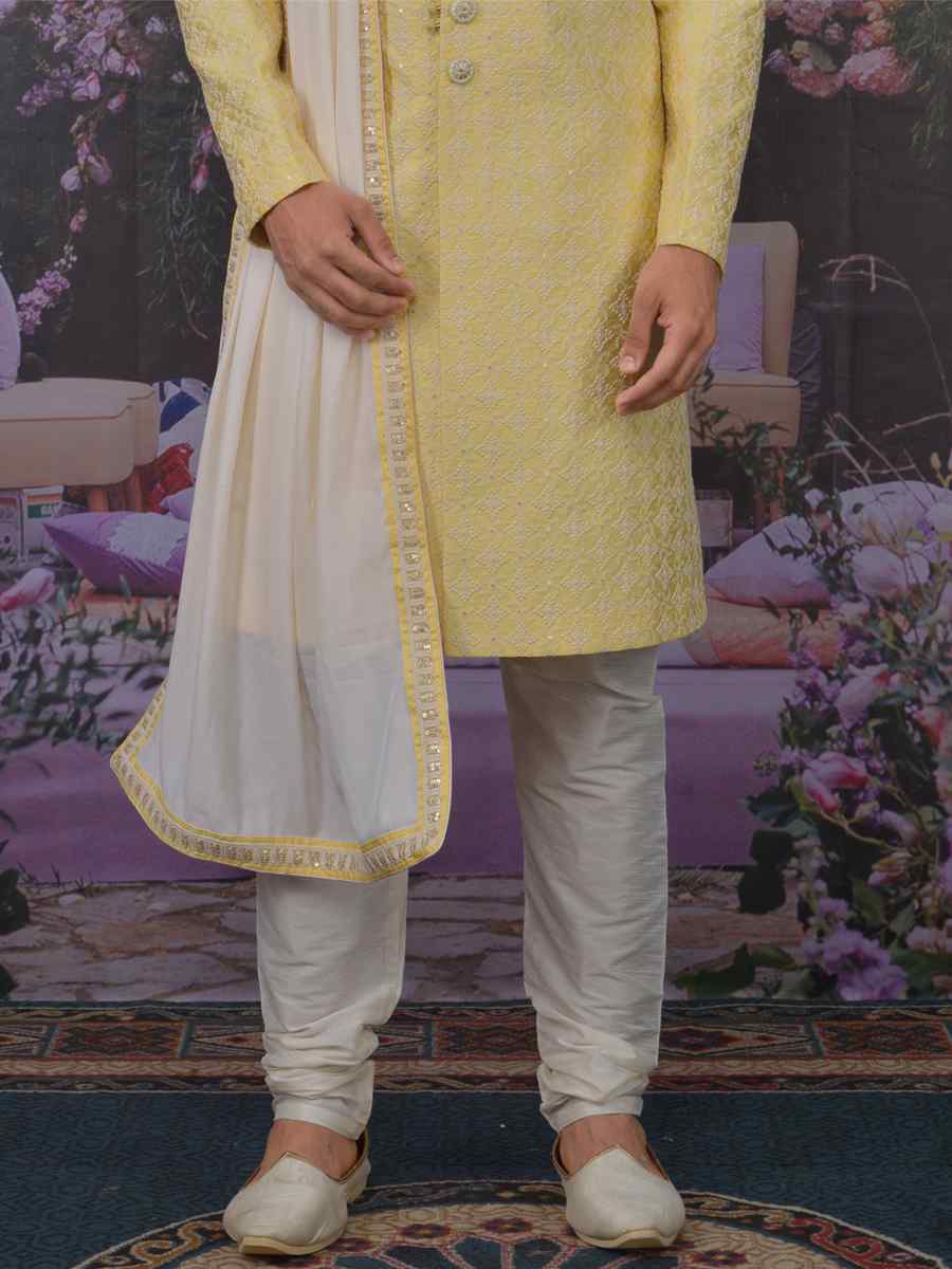 Lemon Art Banarasi Silk Embroidered Wedding Groom Sherwani With Stole