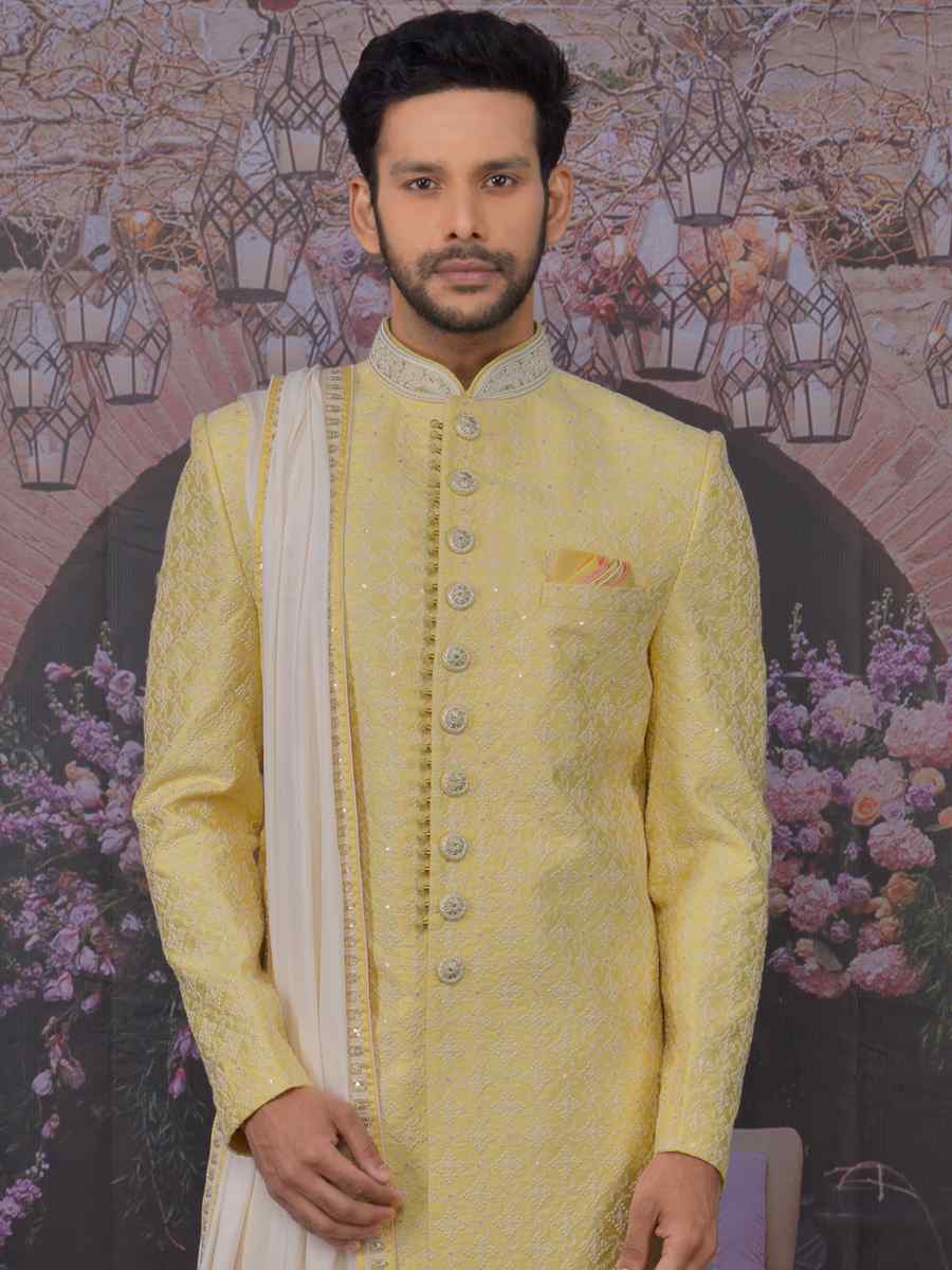 Lemon Art Banarasi Silk Embroidered Wedding Groom Sherwani