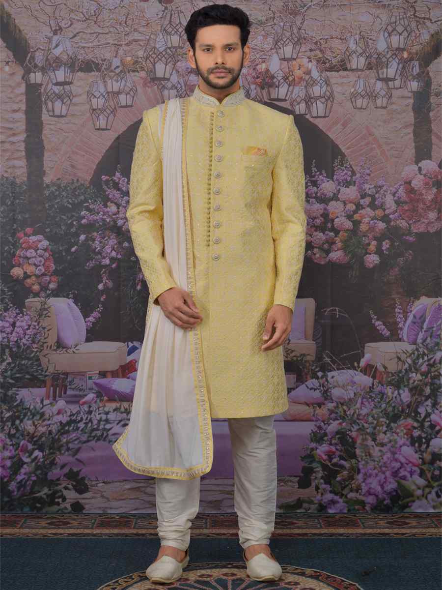 Lemon Art Banarasi Silk Embroidered Wedding Groom Sherwani