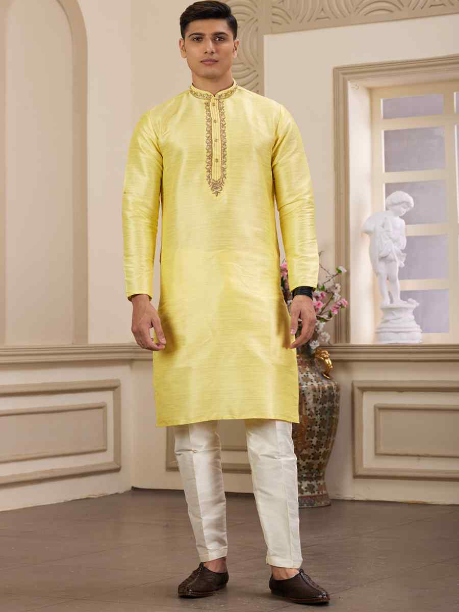 Lemon Banarasi Silk Embroidered Festival Party Kurta