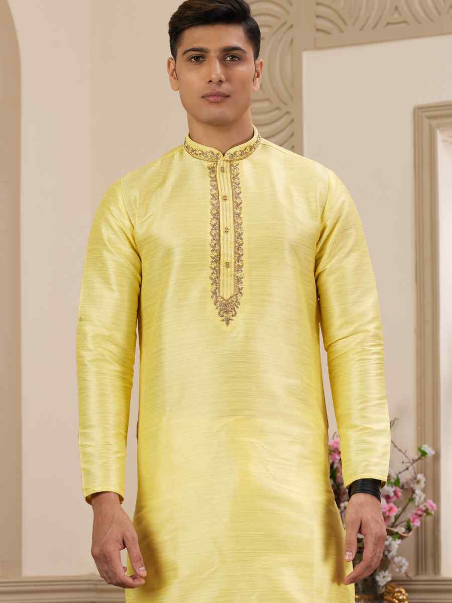 Lemon Banarasi Silk Embroidered Festival Party Kurta