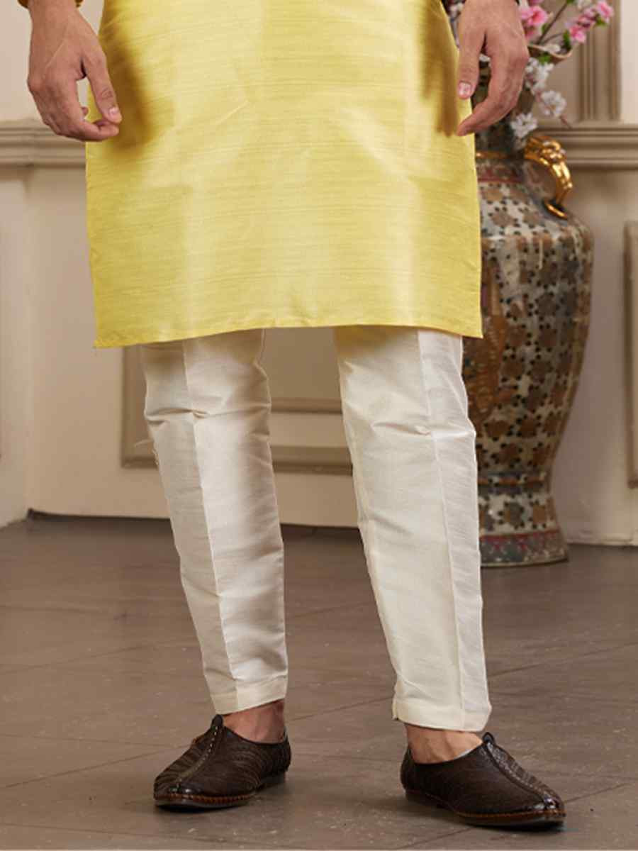 Lemon Banarasi Silk Embroidered Festival Party Kurta