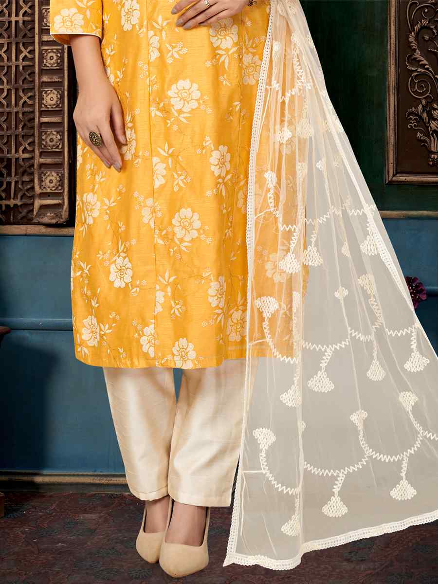 Lemon Chanderi Silk Embroidered Festival Wedding Pant Salwar Kameez