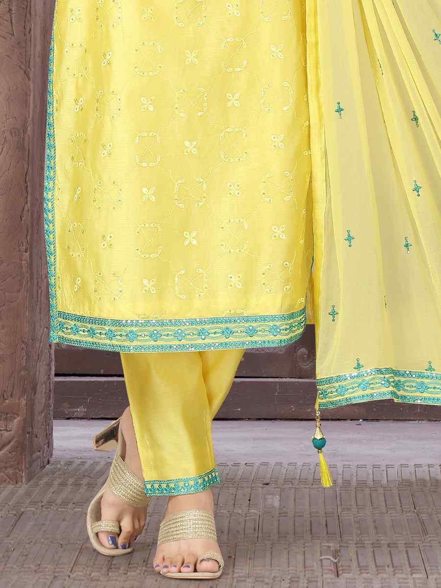 Lemon Chanderi Silk Embroidered Festival Wedding Pant Salwar Kameez