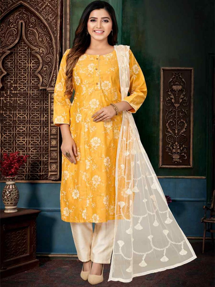 Lemon Chanderi Silk Embroidered Festival Wedding Pant Salwar Kameez