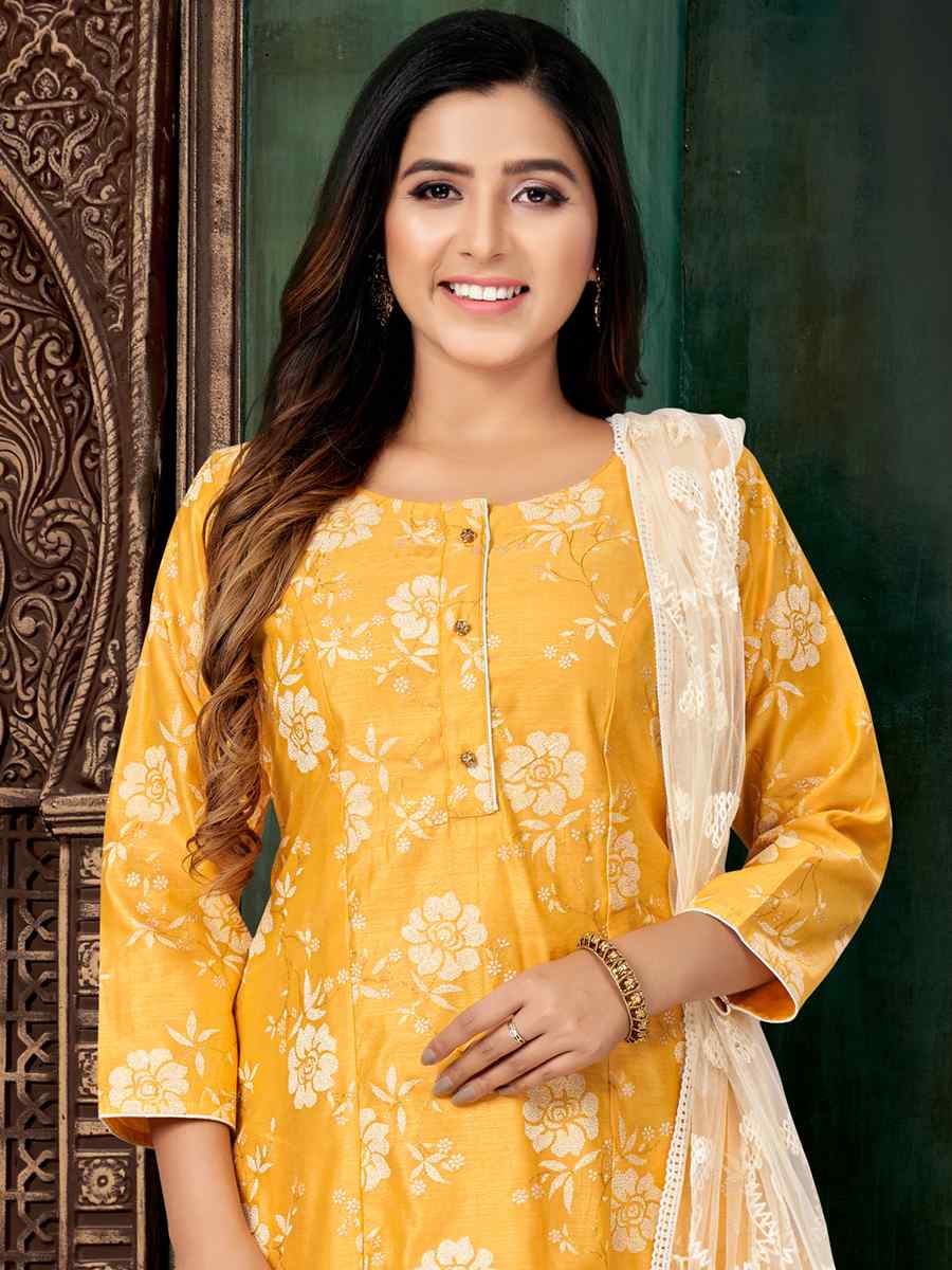 Lemon Chanderi Silk Embroidered Festival Wedding Pant Salwar Kameez