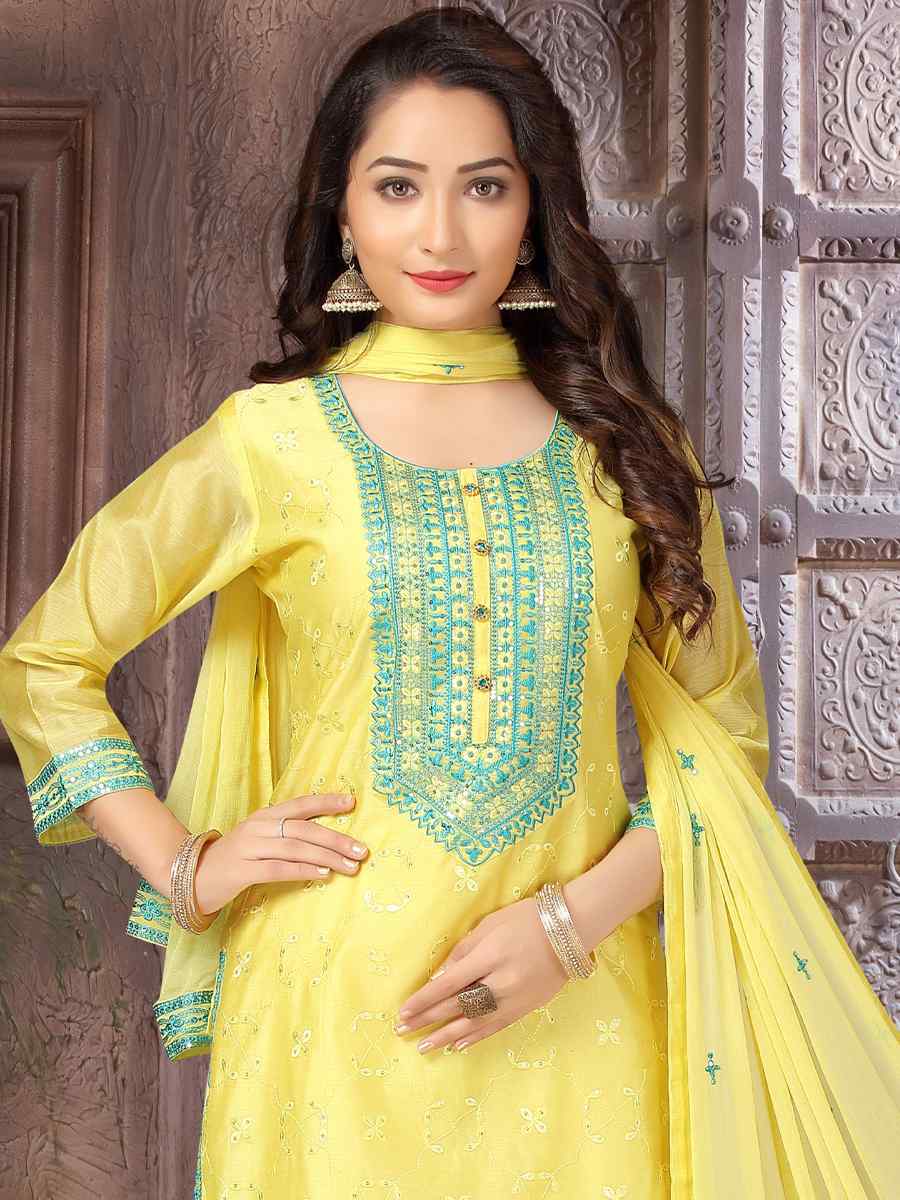 Lemon Chanderi Silk Embroidered Festival Wedding Pant Salwar Kameez