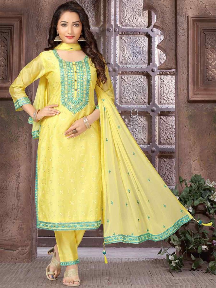 Lemon Chanderi Silk Embroidered Festival Wedding Pant Salwar Kameez