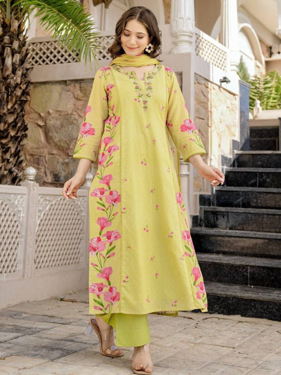 Lemon Chanderi Silk Printed Embroidery Sequins Wedding Party Festival Casual Ready Palazzo Pant Salwar Kameez