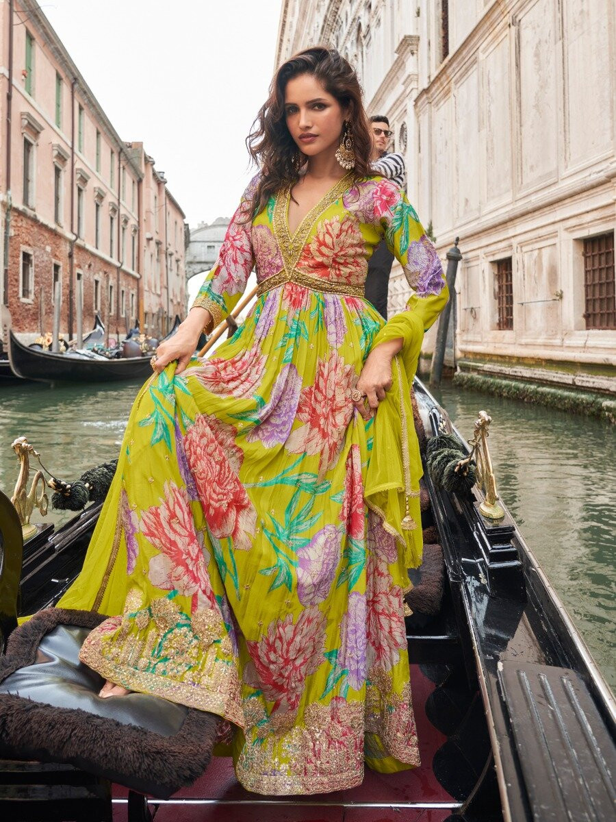 Lemon Chinon Embroidery Zari Sequins Wedding Party Festival Ready Anarkali Salwar Kameez