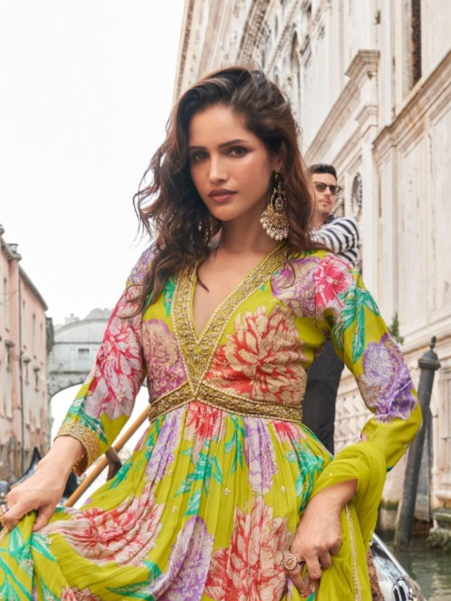 Lemon Chinon Embroidery Zari Sequins Wedding Party Festival Ready Anarkali Salwar Kameez