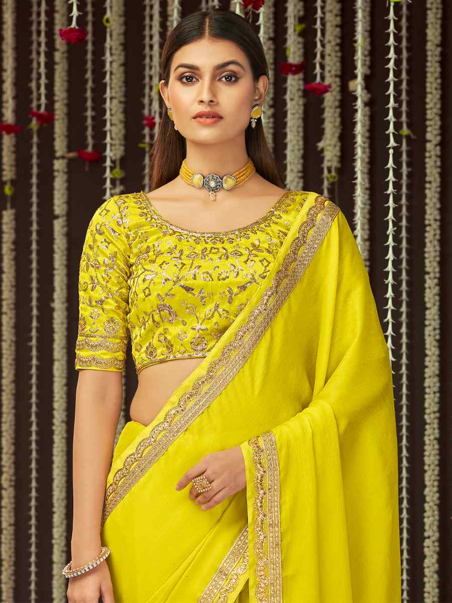 Lemon Chinon Silk Embroidered Party Festival Classic Style Saree