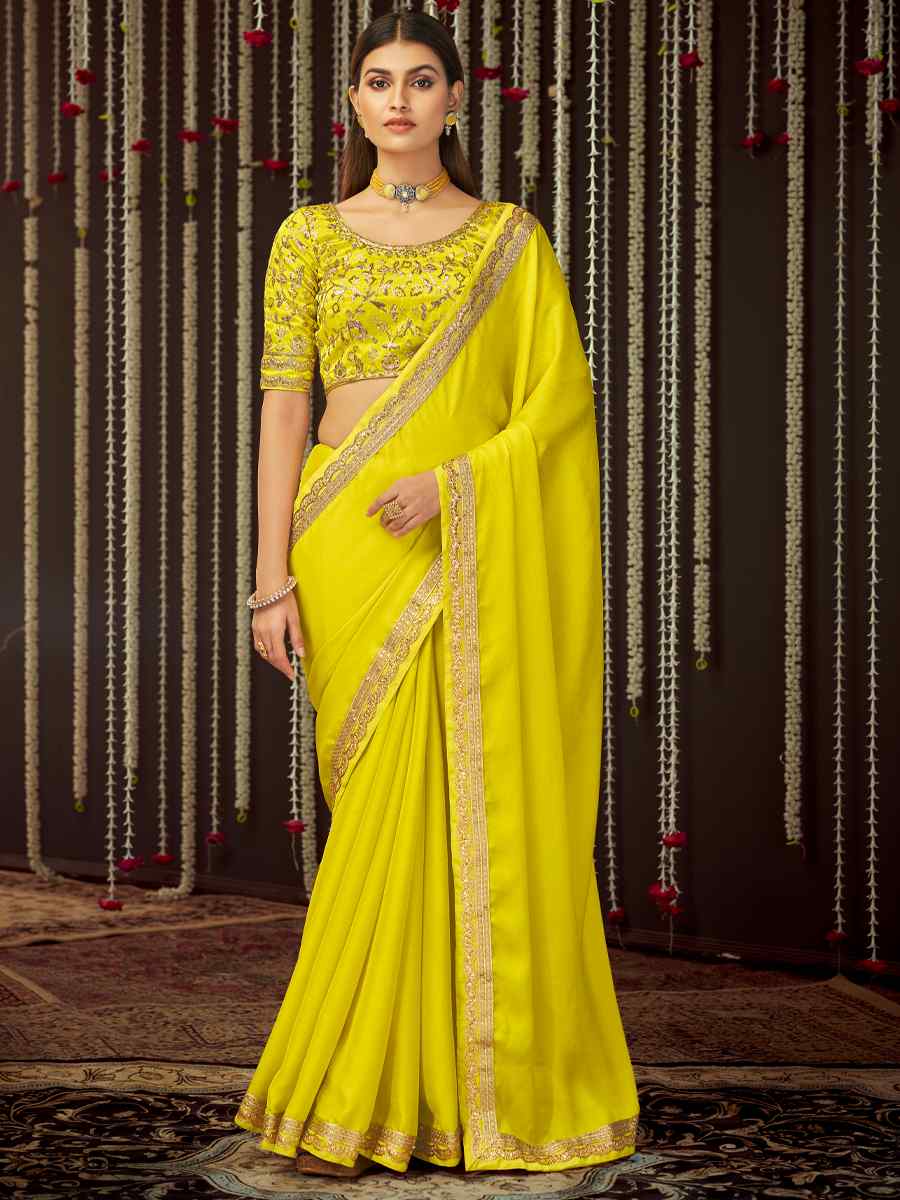 Lemon Chinon Silk Embroidered Party Festival Classic Style Saree