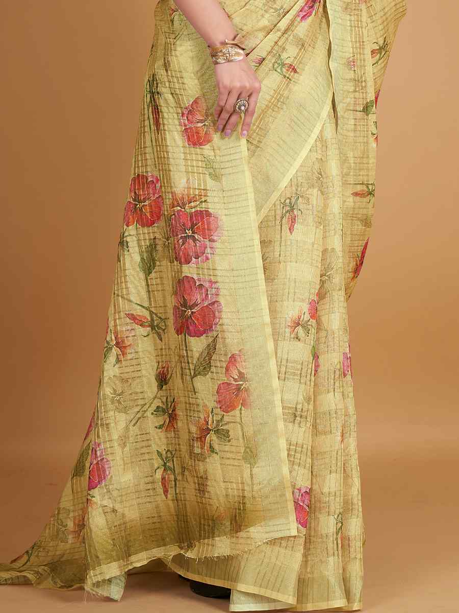 Lemon Cotton Silk Printed Party Festival Classic Style Saree