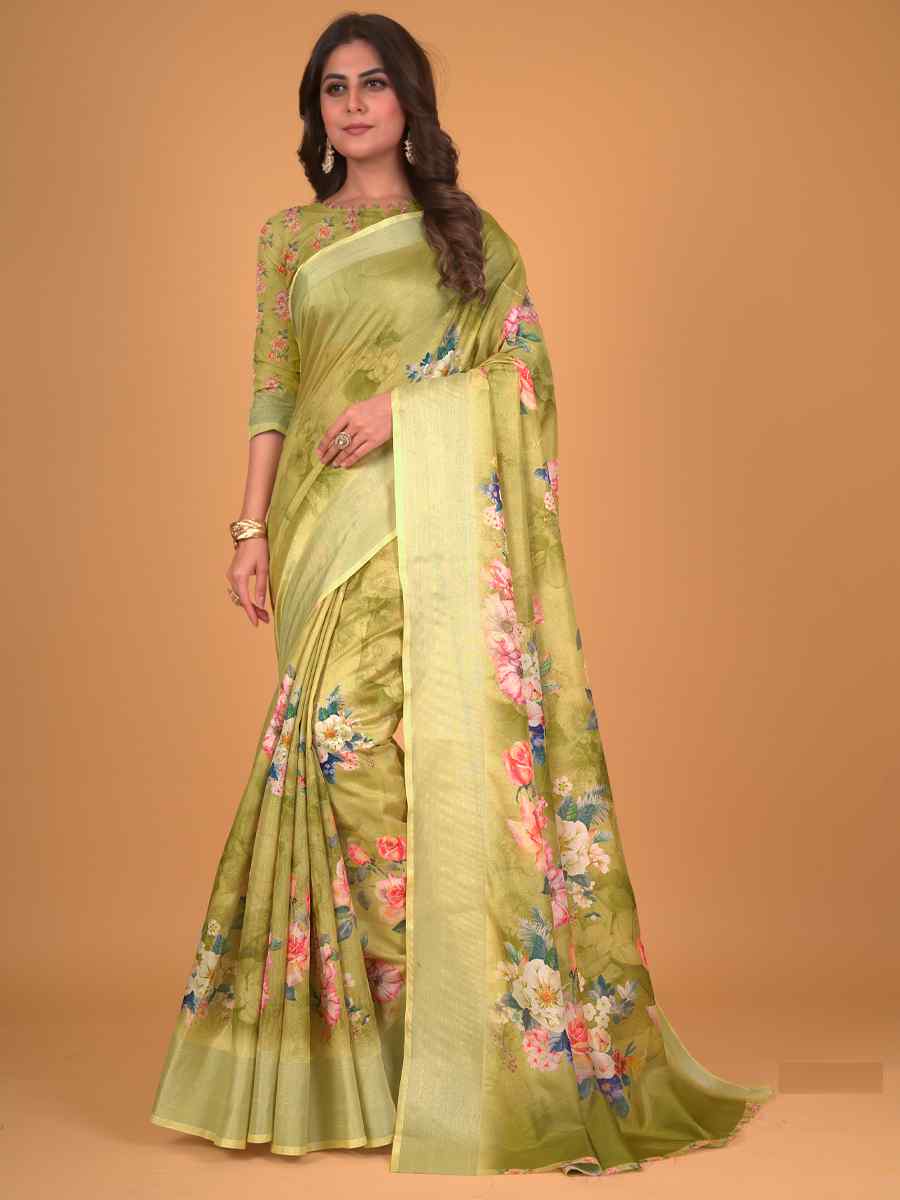 Lemon Cotton Silk Printed Party Festival Classic Style Saree