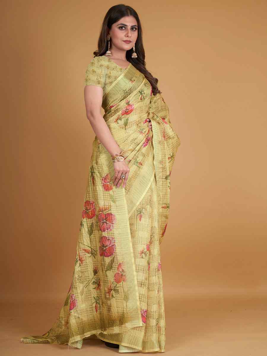 Lemon Cotton Silk Printed Party Festival Classic Style Saree