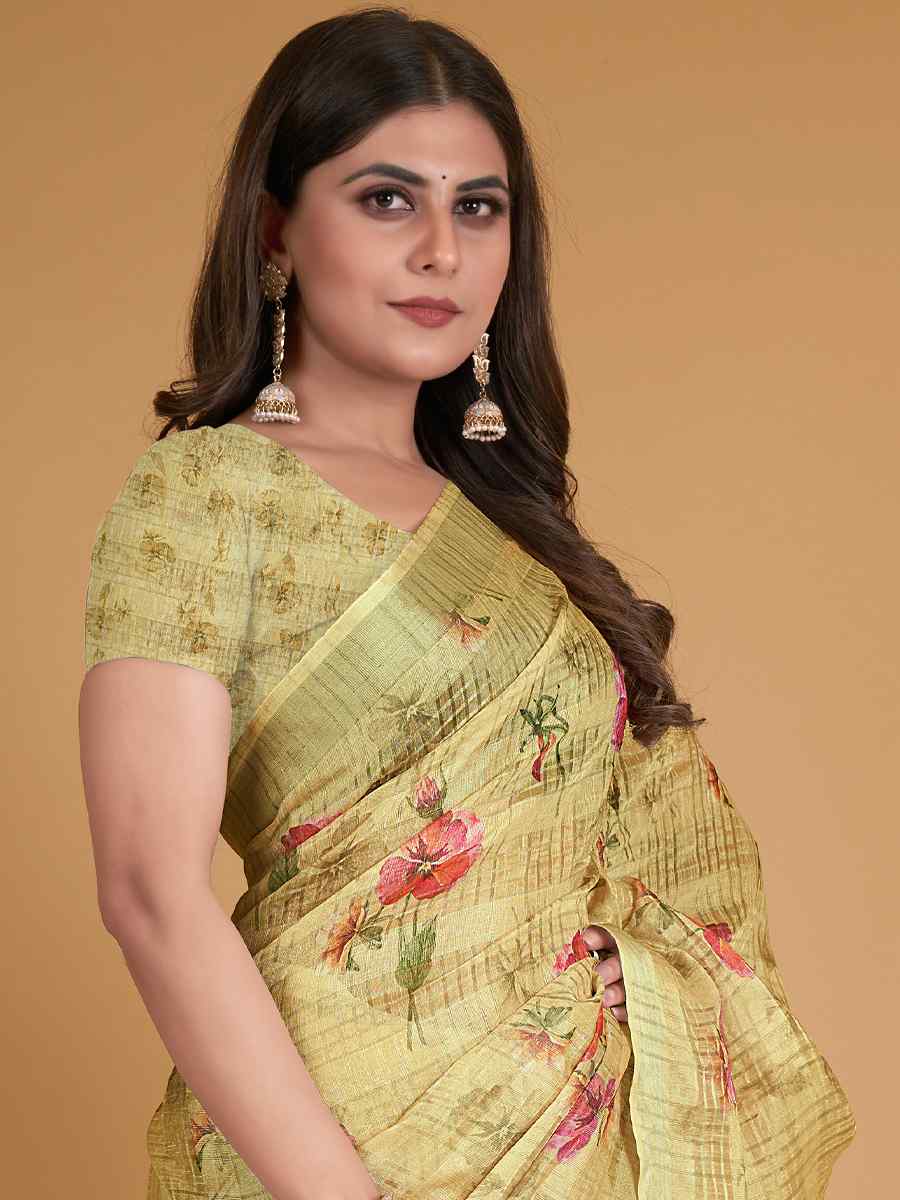 Lemon Cotton Silk Printed Party Festival Classic Style Saree