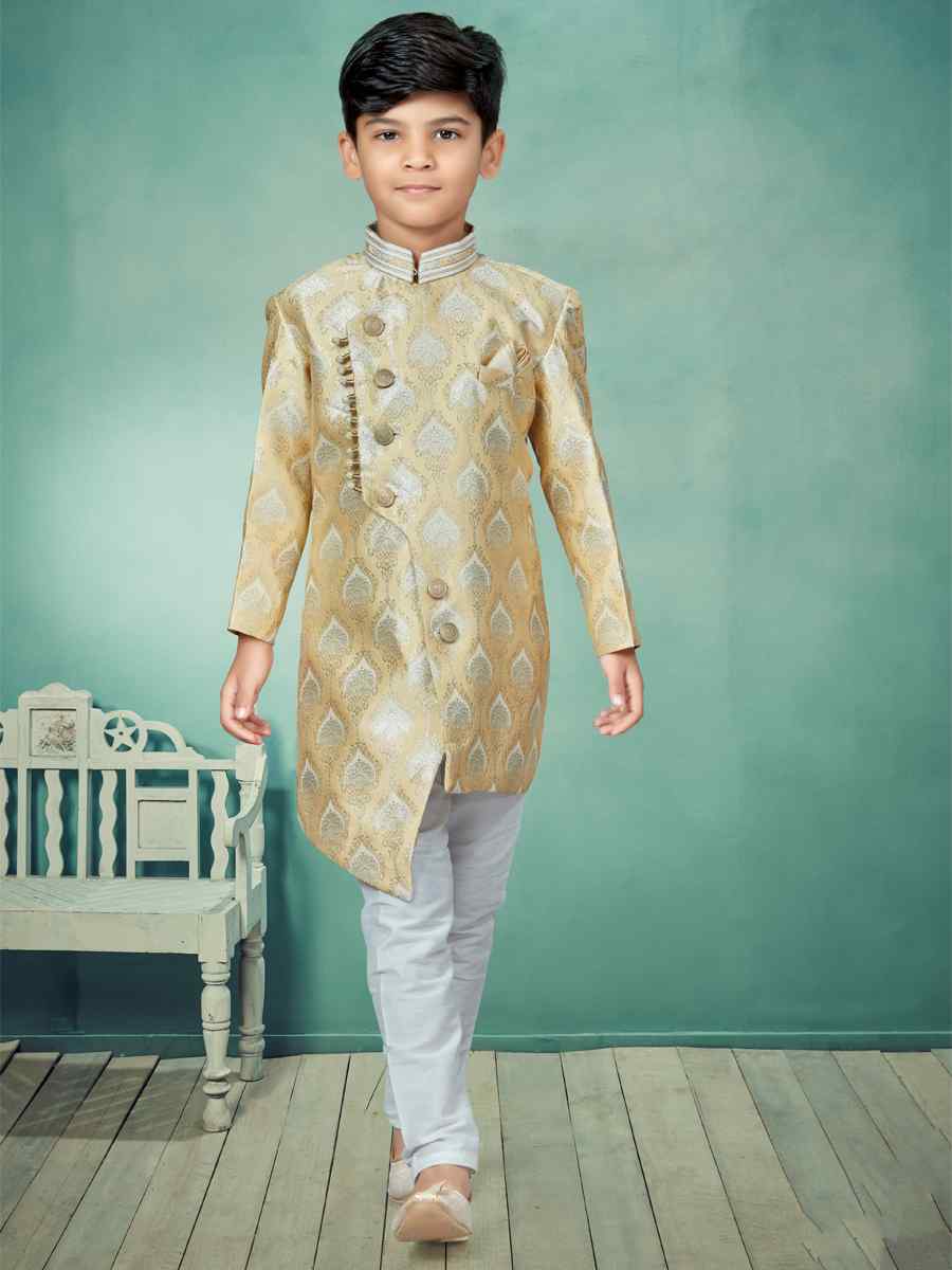 Lemon Cream Heavy Banarasi Jacquard Embroidered Party Festival Kurta Pyjama Boys Wear