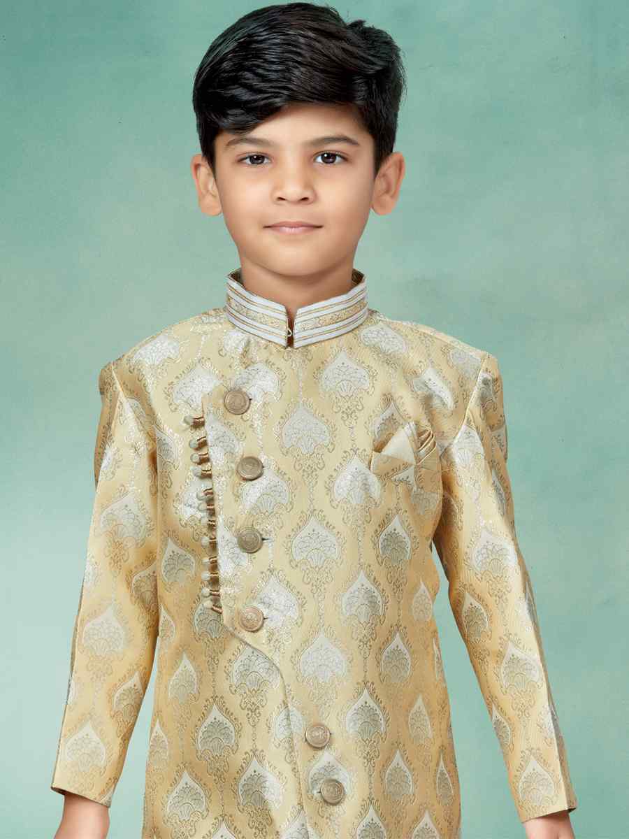 Lemon Cream Heavy Banarasi Jacquard Embroidered Party Festival Kurta Pyjama Boys Wear