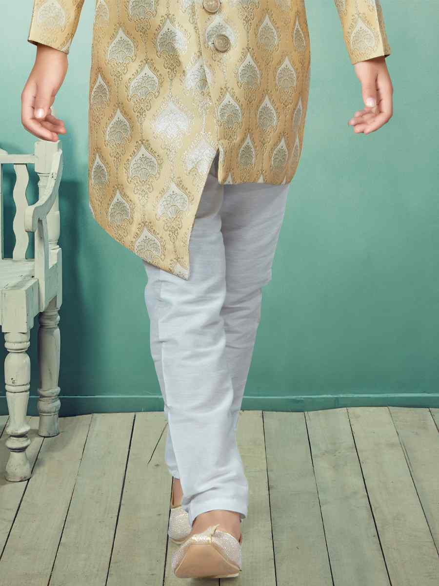 Lemon Cream Heavy Banarasi Jacquard Embroidered Party Festival Kurta Pyjama Boys Wear